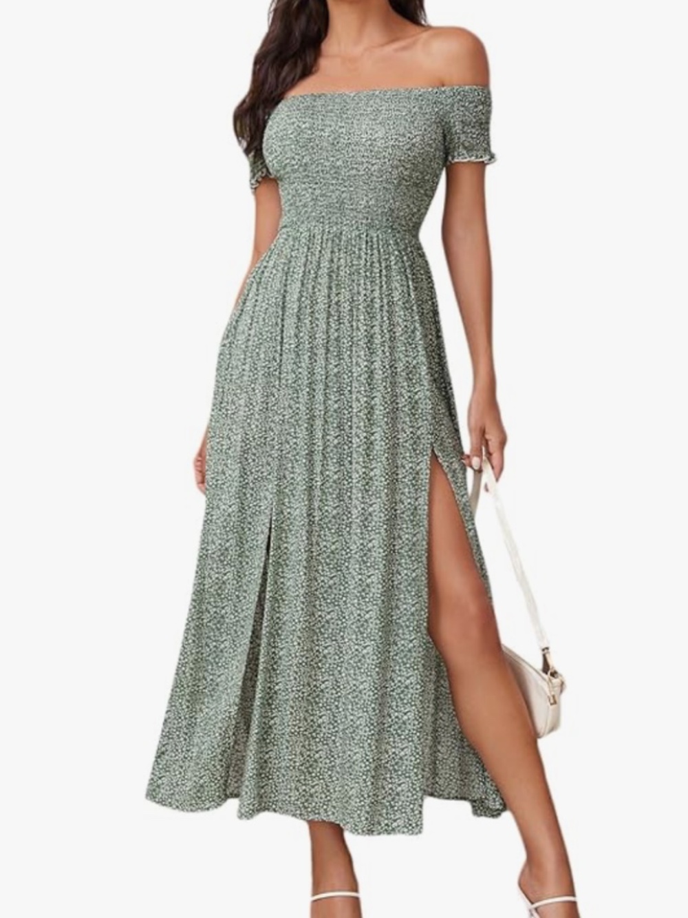 Off the Shoulder Green Floral A-Line Dress - Size Small - Like New!